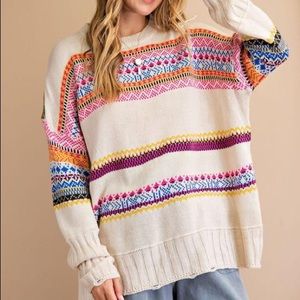 Easel Los Angeles Oversized Boho Stitch Aztec Fray Hem Cream Sweater Size S /M